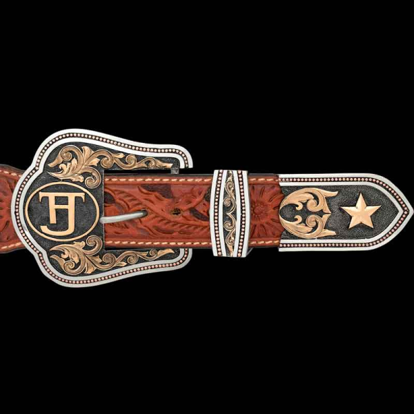Gonzales, The 'Gonzales' 3 piece buckle set is fit for any cowboy outfit. Personalize with your ranch brand or initials. Crafted on a matted German Silver ba